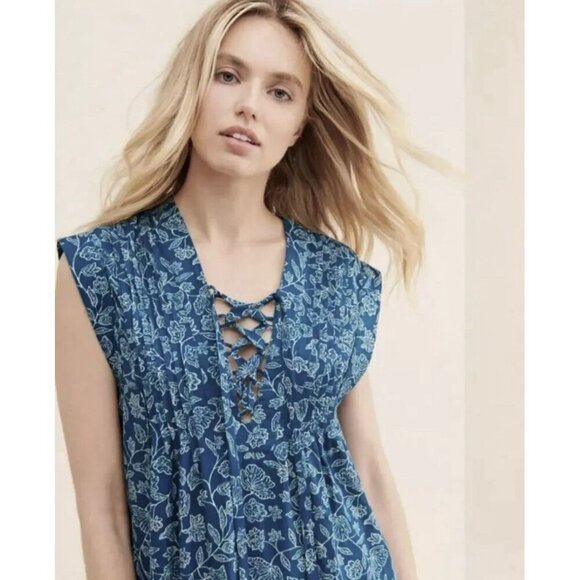 Faherty Cameo Cove Dress Navy Plains Floral Cotton Size Medium Resortwear - Picture 3 of 13